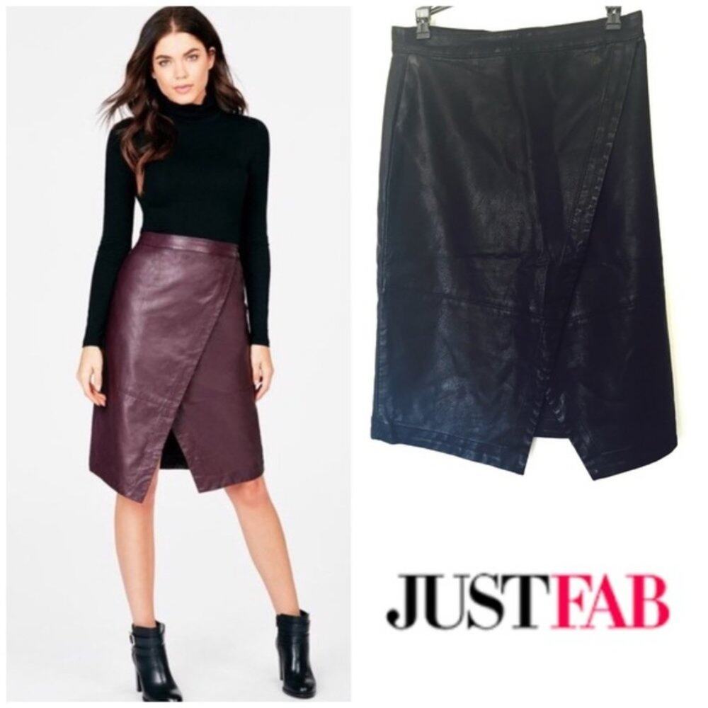 JUSTFAB Black Faux Leather Wrap Asymmetrical Skirt XS High Waist Knee Length NWT